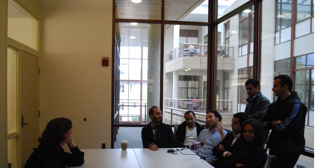Libyan students in the IMI program speak with the media in October 2011.